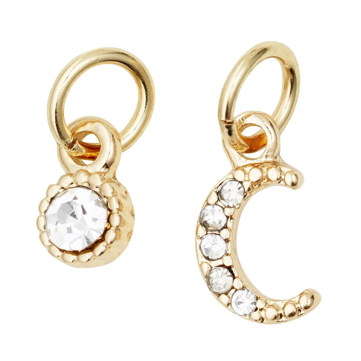 2 guldfarvede vedhæng/charms med simili, måne 5,5×7,5 mm, sol Ø4,5 mm