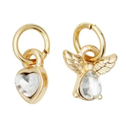 2 guldfarvede vedhæng/charms med simili, engel 7,5×6 mm, hjerte Ø4,8 mm