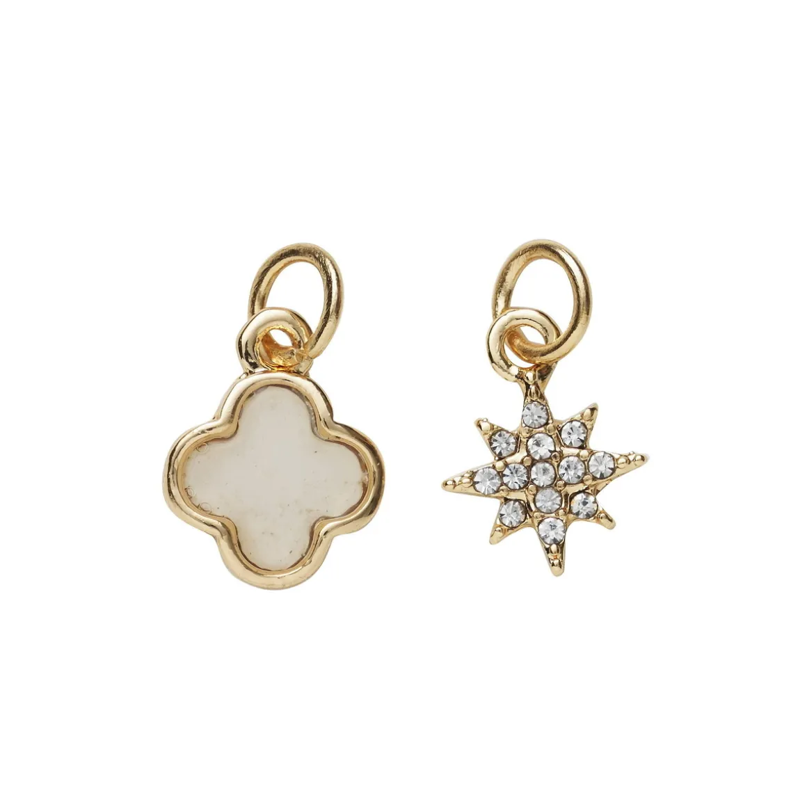 2 guldfarvede vedhæng/charms, stjerne med simili Ø9 mm, blomst hvidt center Ø10 mm