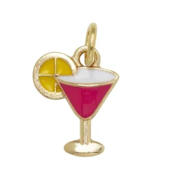 Guldfarvet charm-vedhæng rosa drinkglas med citron, 13×20×3 mm