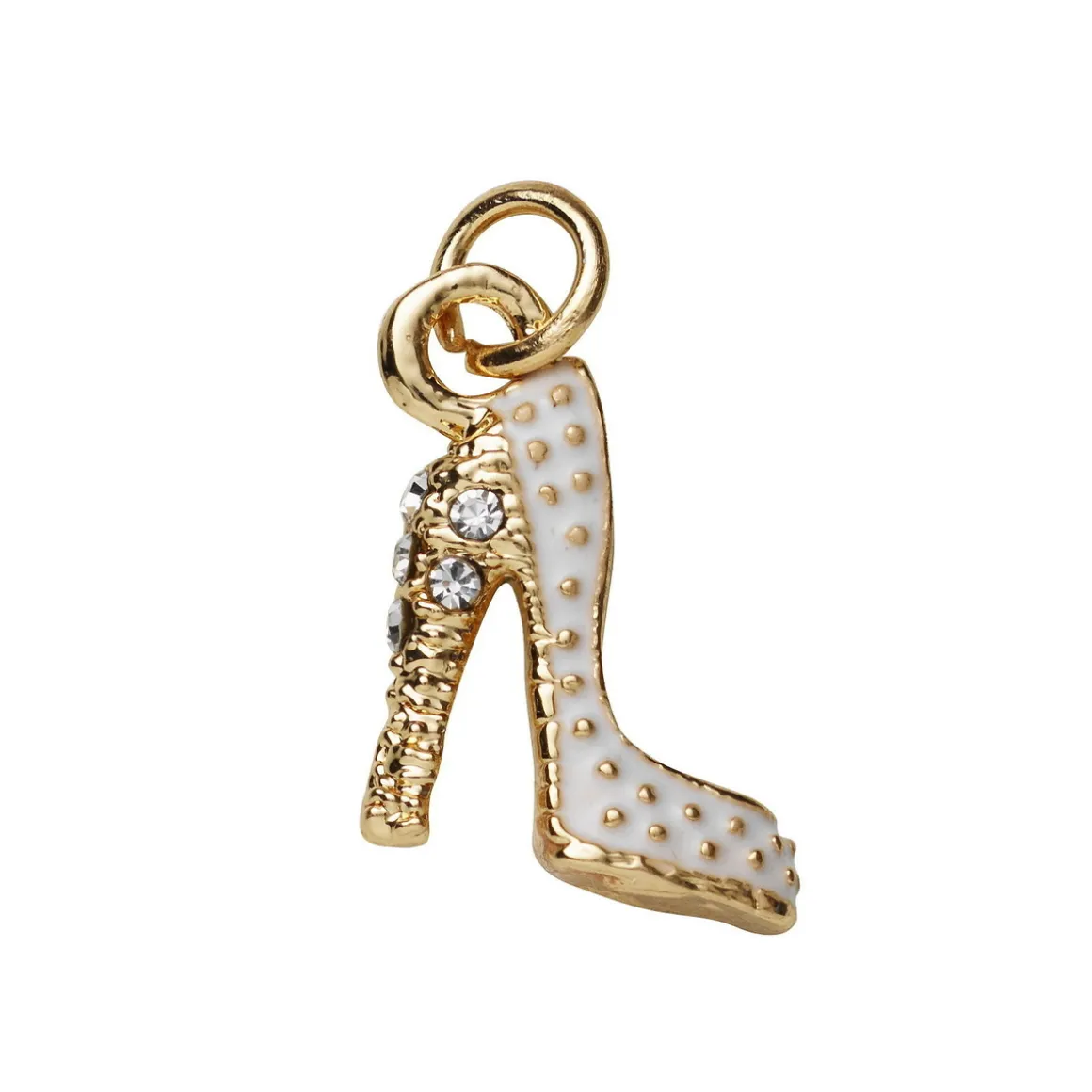 Guldfarvet vedhæng/charm højhælet sko med hvid farve 11×15×4 mm