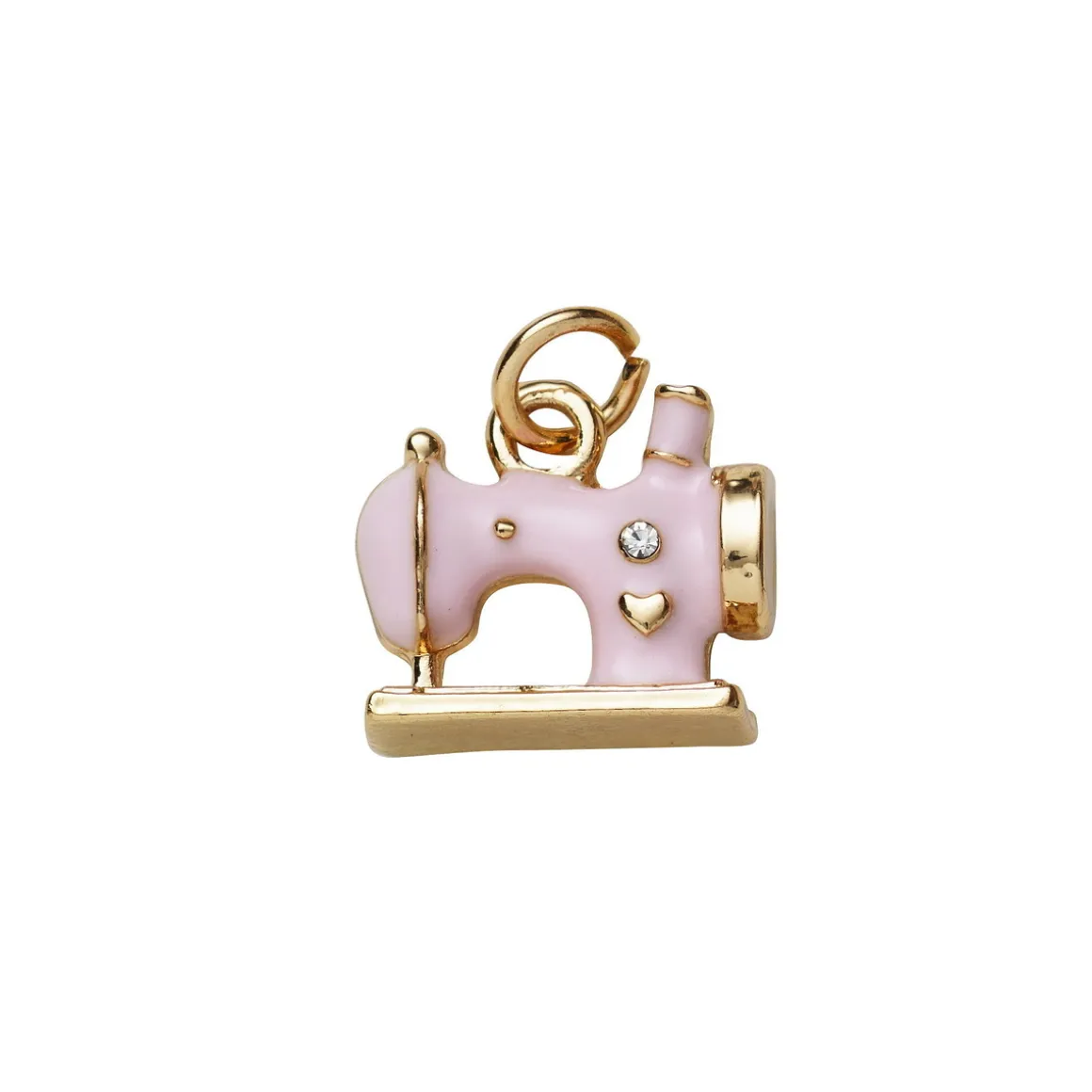 Guldfarvet vedhæng/charm klassisk symaskine med rosa farve og simili 12,5×13 mm