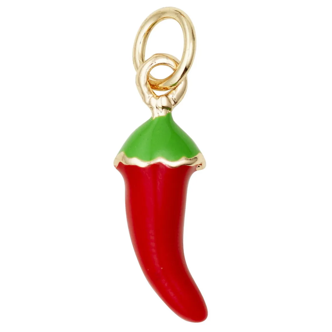 Guldfarvet vedhæng/charm med en rød chili, længde 14 mm, Ø5 mm