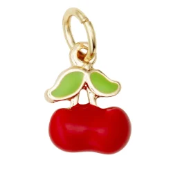 Guldfarvet vedhæng/charm med et rødt kirsebær, 9×8 mm