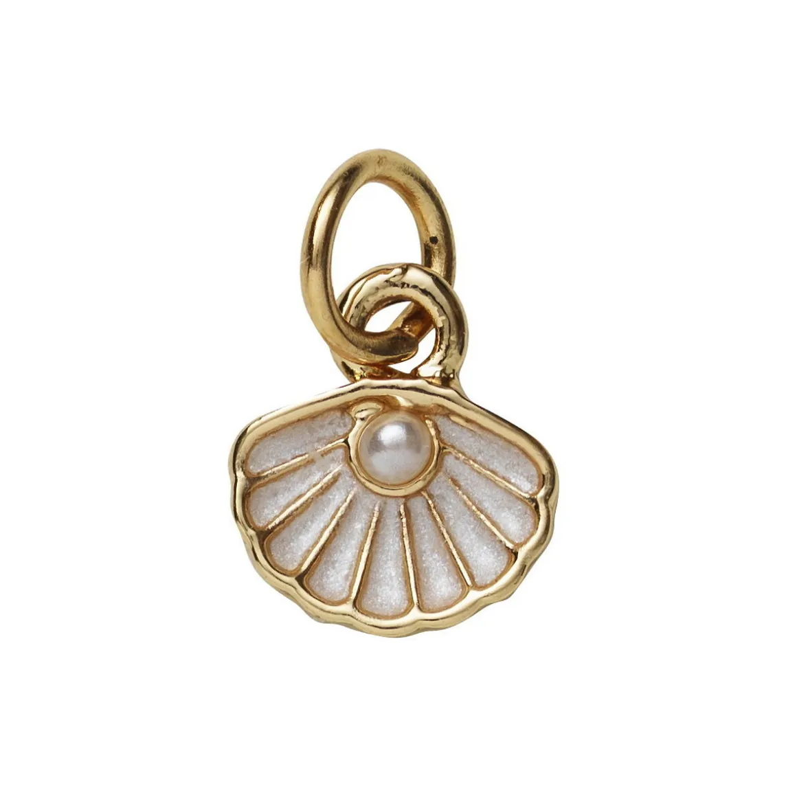 Guldfarvet vedhæng/charm musling med hvide detaljer 8×6 mm