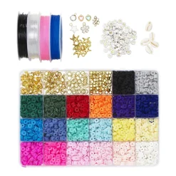 Heishi smykkekit – masser af heishi-perler i 20 forskellige farver + charms, tråd m.m.