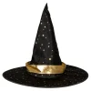 Heksehat halloween, sort med skinnende gulddetaljer, børnestørrelse. Ø32 cm, længde 28 cm