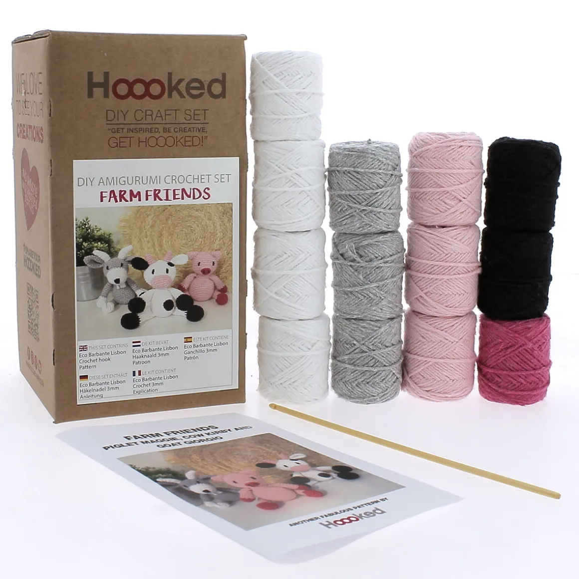 Hooked DIY-kit Farm friends, hækl 3 glade venner fra bondegården