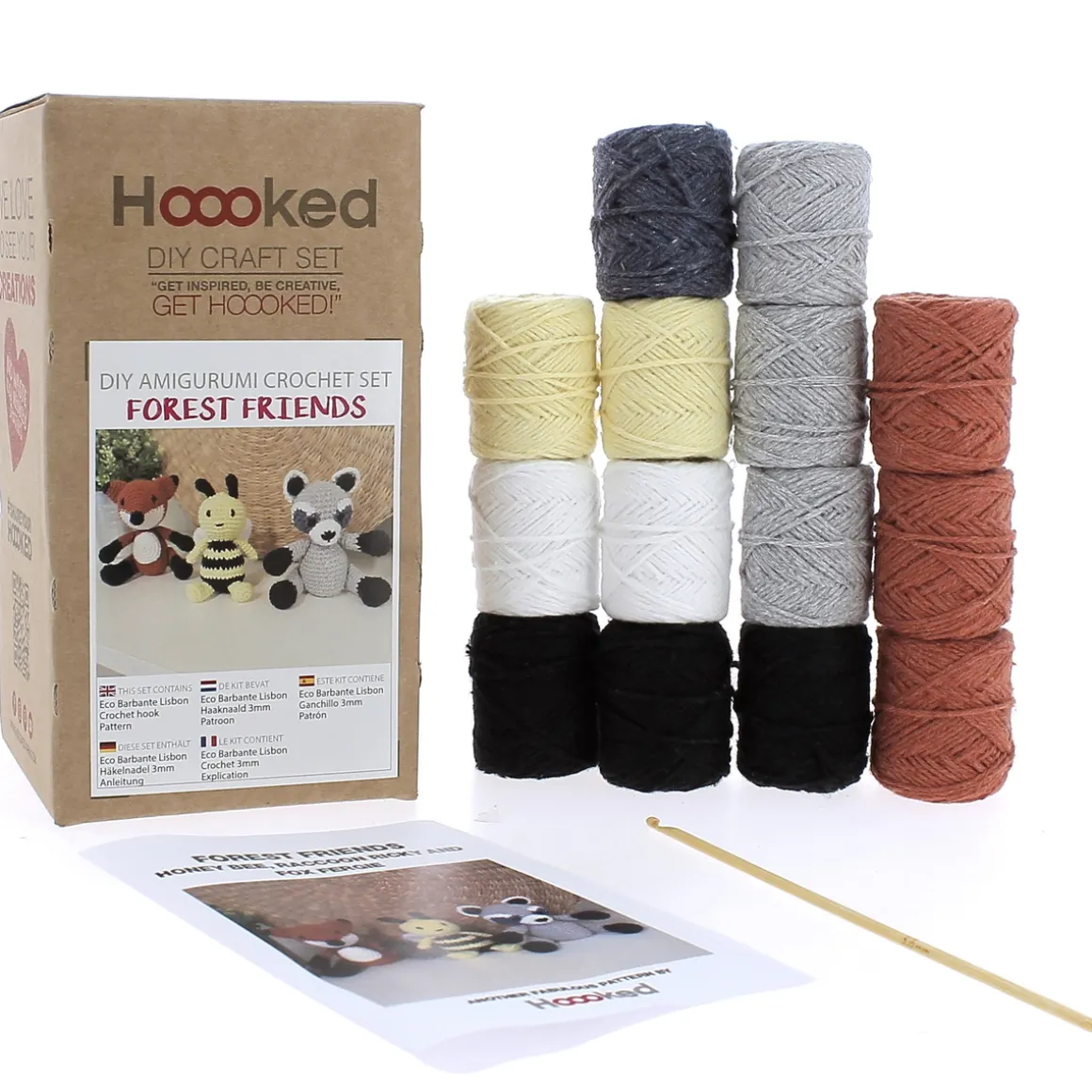 Hooked DIY-kit Forest friends, hækl 3 søde skovvenner