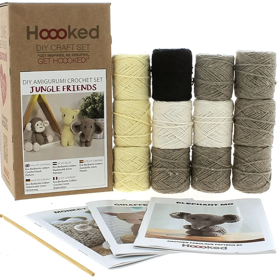 Hooked DIY-kit Jungle friends, hækl 3 sjove junglevenner