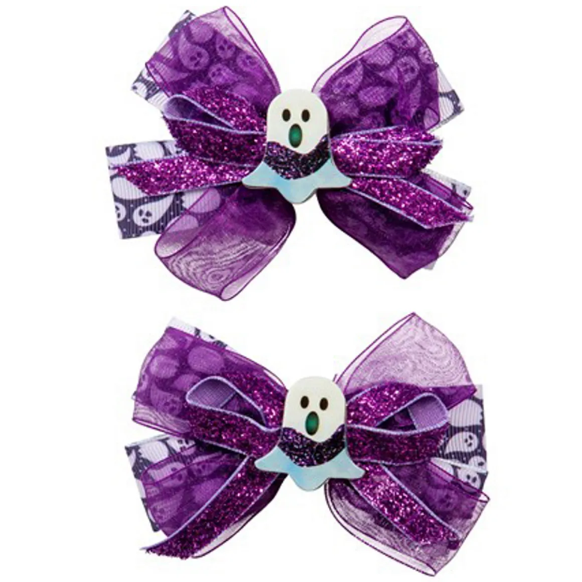 Hårklemmer til halloween, lille sløjfer af 3 bånd, spøgelsestema, 10×5 cm – 2-pak