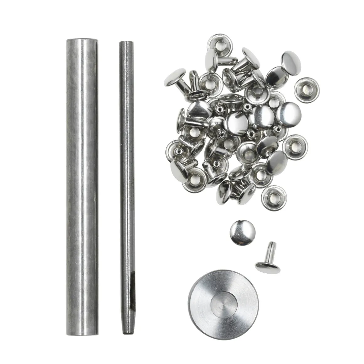 Hulnitter inkl. værktøj, Ø9 mm, 20-pak, sølvfarvede. Længde 8/10 mm, 10 par af hver