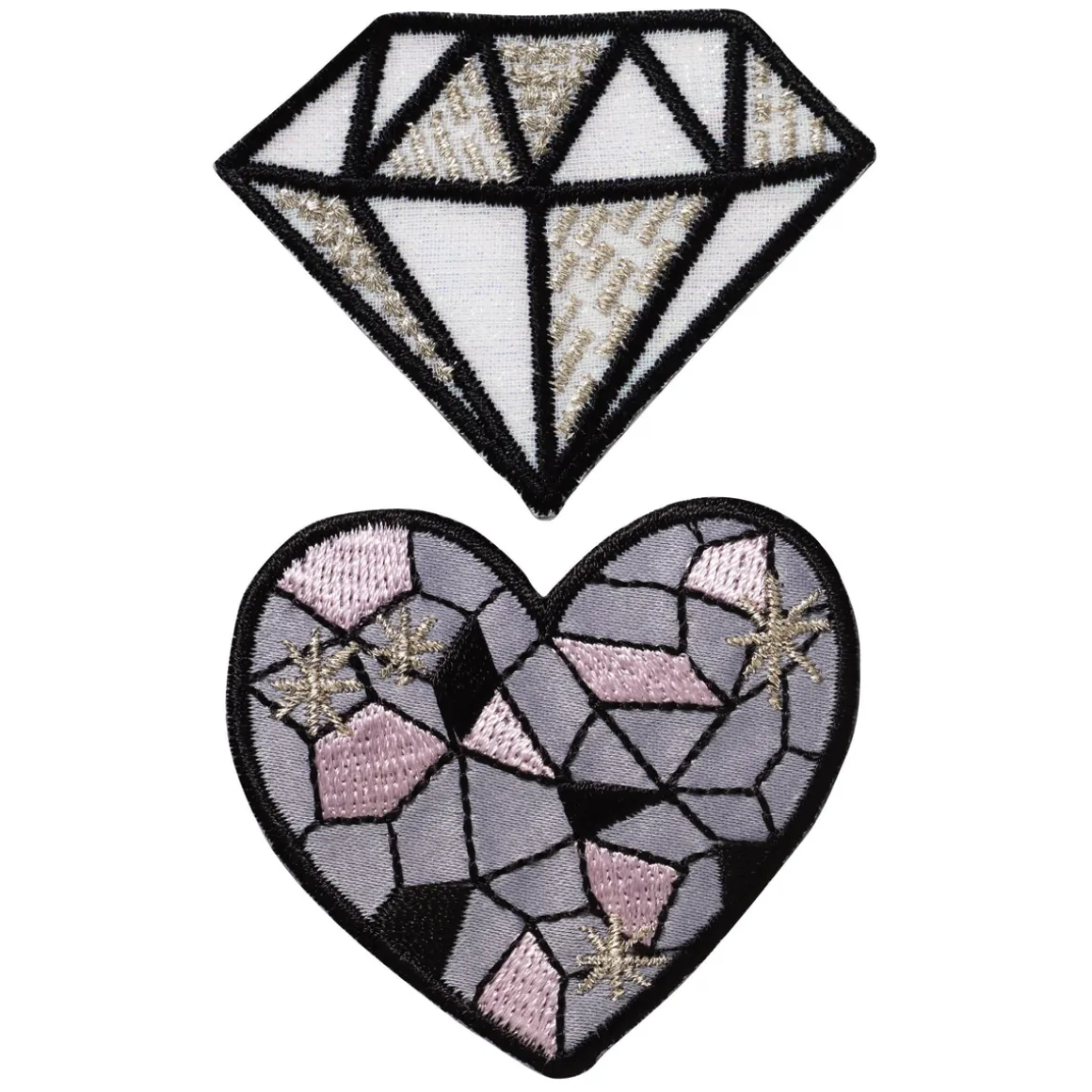 Iron-on applikation 1 diamant og 1 hjerte med sølv og glitter 60×45 mm / Ø55 mm