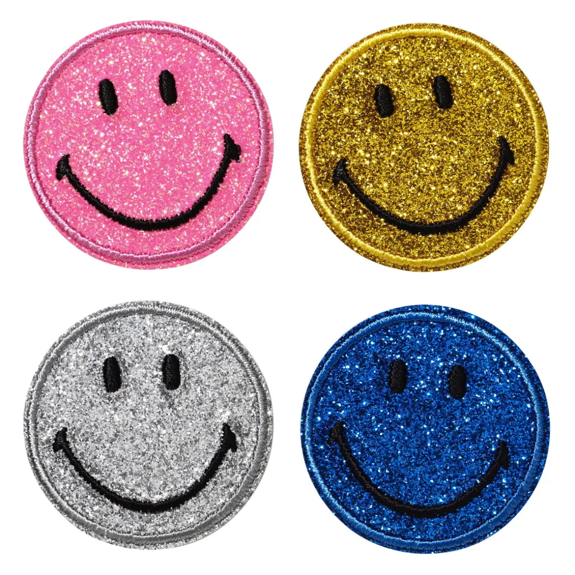 Iron-on applikation 4 glitrende smileys i 4 forskellige farver Ø40 mm
