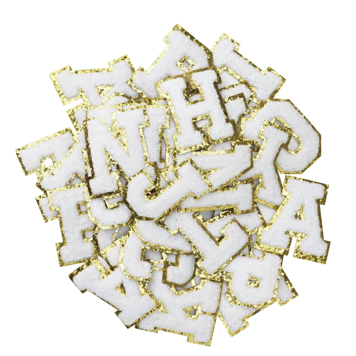 Iron-On bogstaver, hvide med guldglitter, 40 stk. A–Z, længde 6 cm