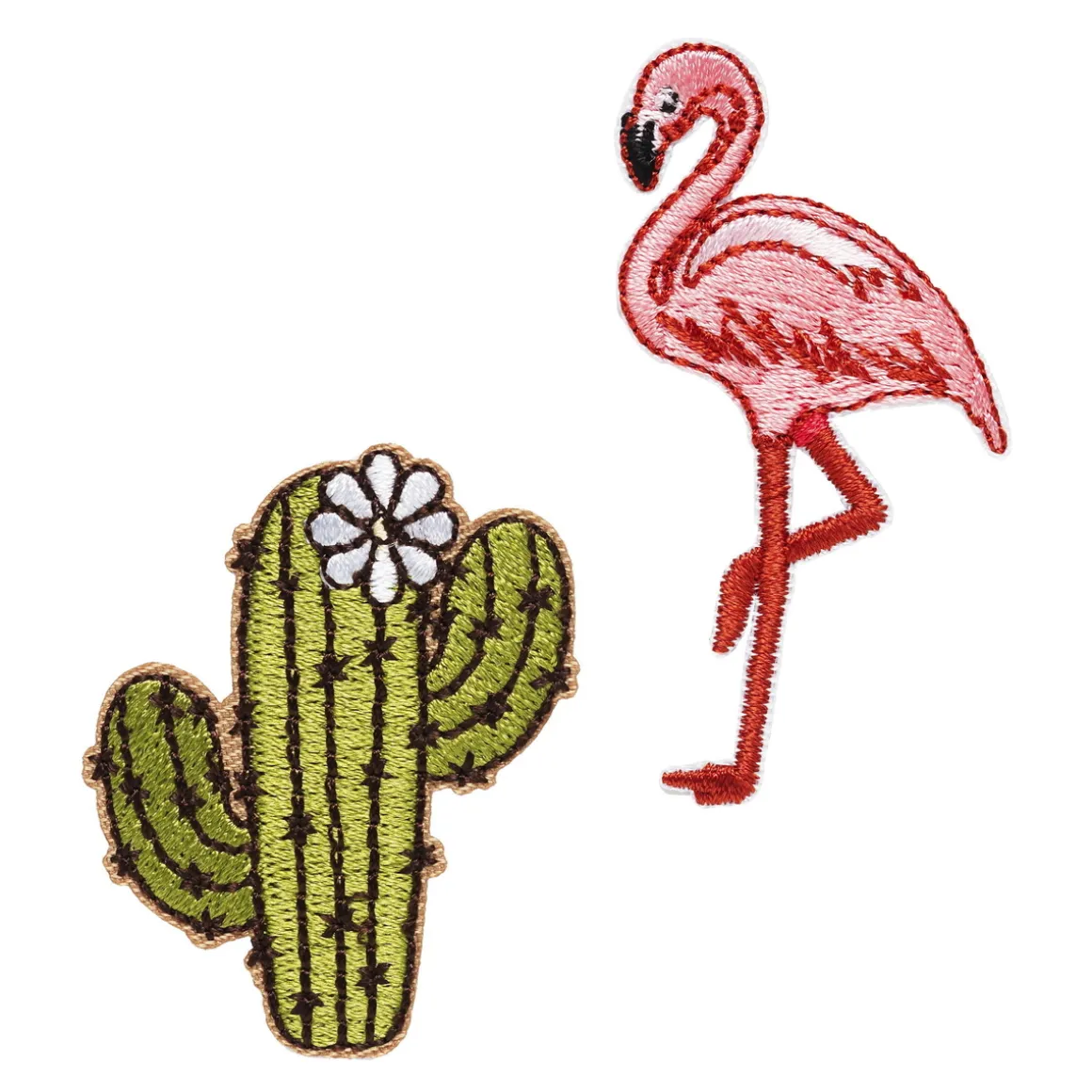 Iron-on stofmærke flamingo og kaktus 2 stk. Kaktussen er 37×45 mm og flamingoen 35×60 mm