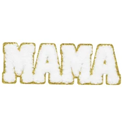 Iron-on stofmærke MAMA i bløde frottébogstaver med glitrende guldkant! 110×40 mm