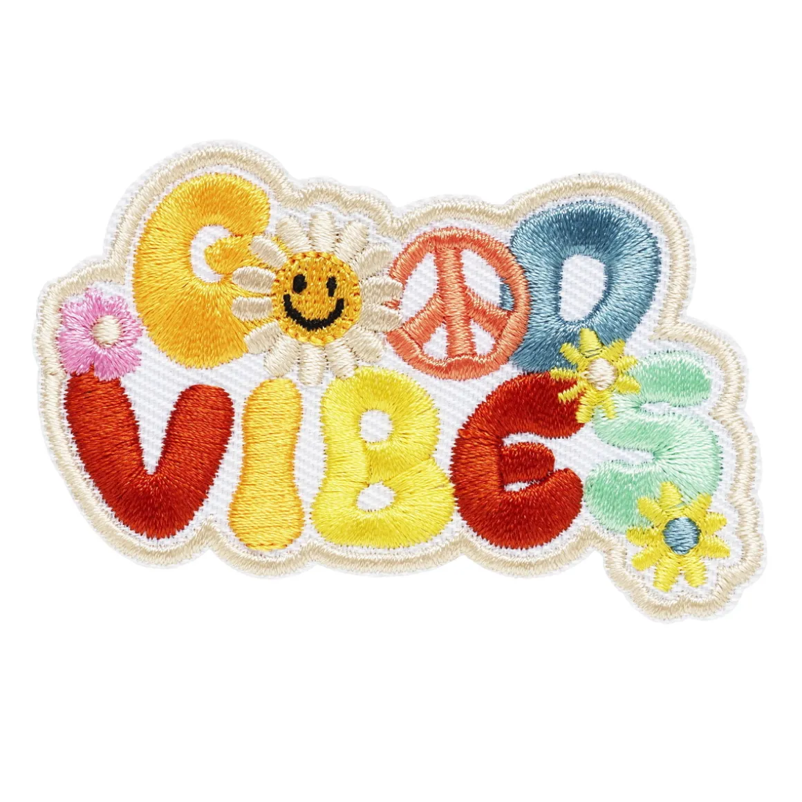 Iron-on stofmærke med farverig tekst Good vibes, 70×40 mm