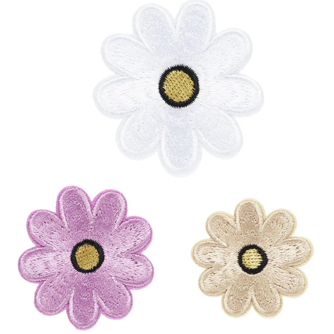 Iron-on stofmærker margueritter 3 stk. Søde skinnende blomster med guldtråd i midten, Ø30-45 mm