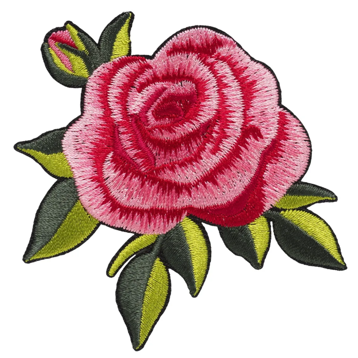 Iron-on stofmærke stor og skinnende rosa rose med grønne blade, 70×75 mm