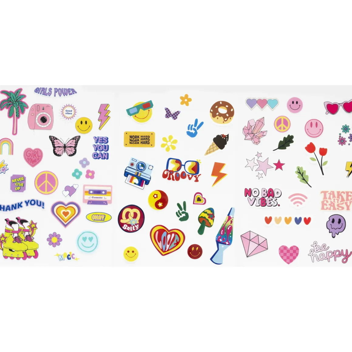 Iron-on, strygemærker til tekstil – 3 ark 15×21 cm med smileys, 1970'erne og meget andet!