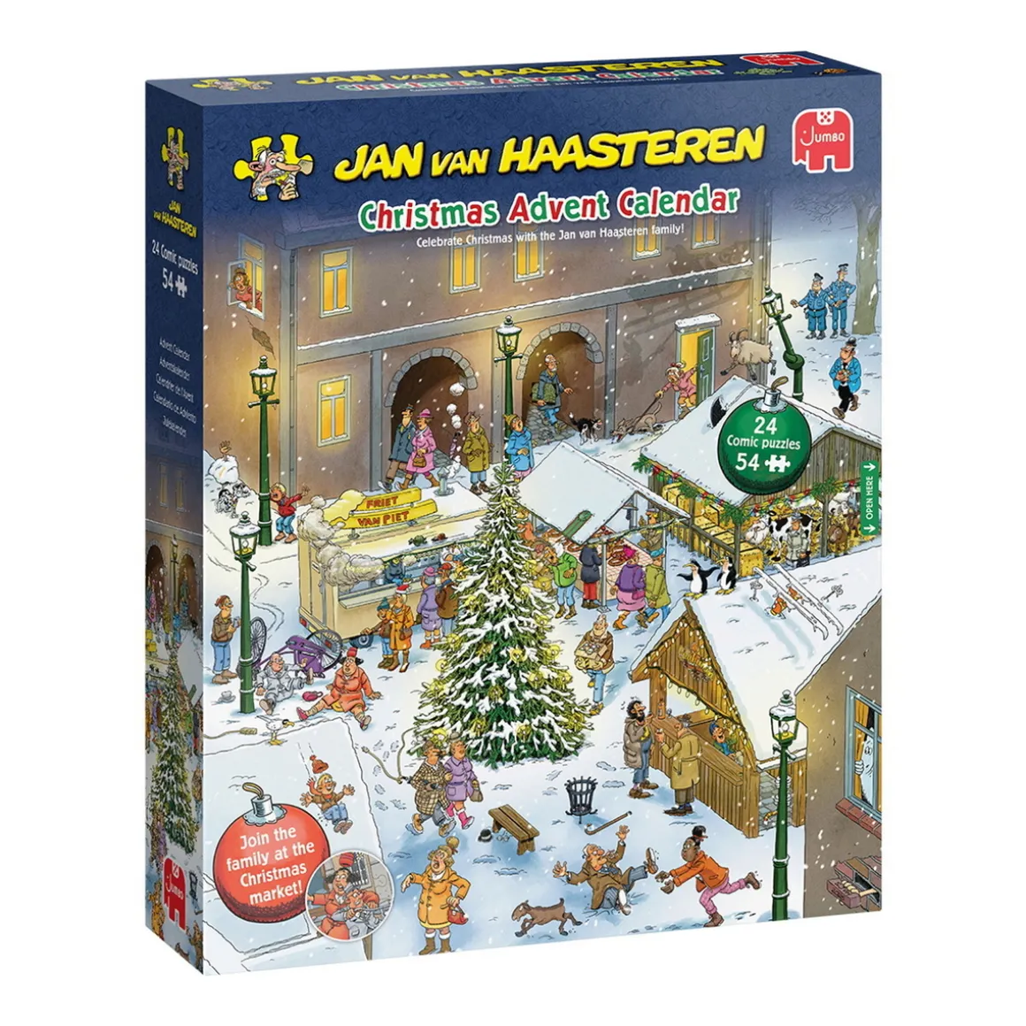 Jan Van Haasteren julekalender 2026 24 julepuslespil à 54 brikker i størrelsen 16,6×11,3 cm