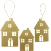 Juledekoration, 3 stk. gyldne ophæng af metal – 1 stort hus 7,5×11 cm, 2 huse 6×9 cm