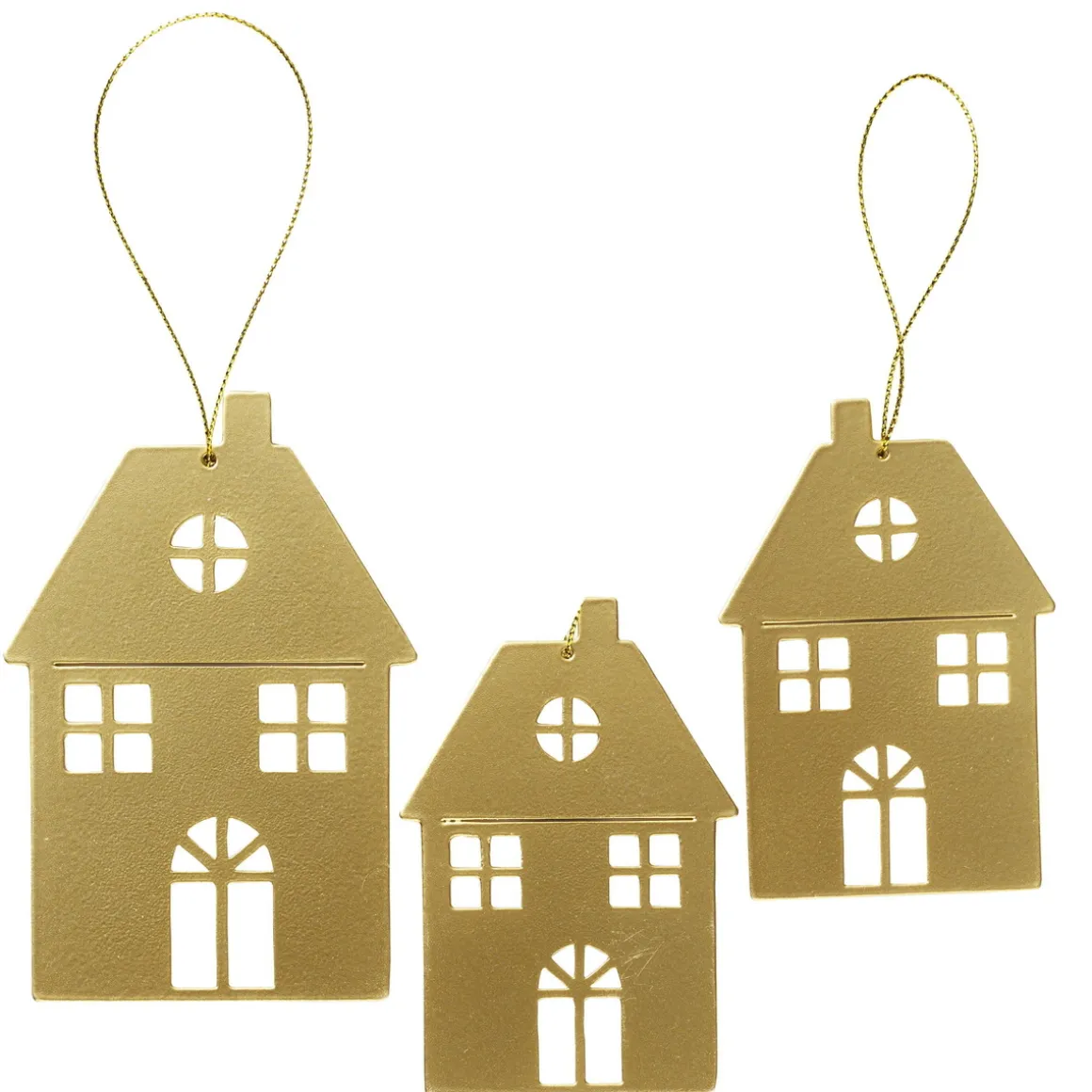 Juledekoration, 3 stk. gyldne ophæng af metal – 1 stort hus 7,5×11 cm, 2 huse 6×9 cm