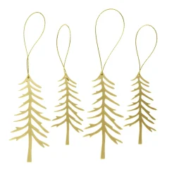 Juledekoration, 4 stk. gyldne ophæng af metal – grantræer, længde 9 / 11 cm, 2 af hver
