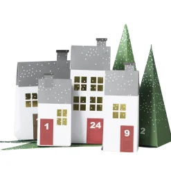 Julekalender, kalenderhuse og grantræer med skøn vinterstemning. Papir, 24 stk. + 24 stickers 1-24