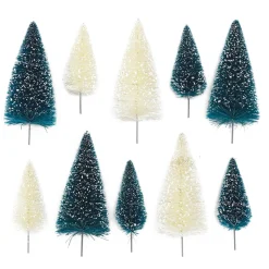 Juletræer mini, 10 dekorationsjuletræer med sne – H. 7-9,5 cm, Ø3,5-5 cm