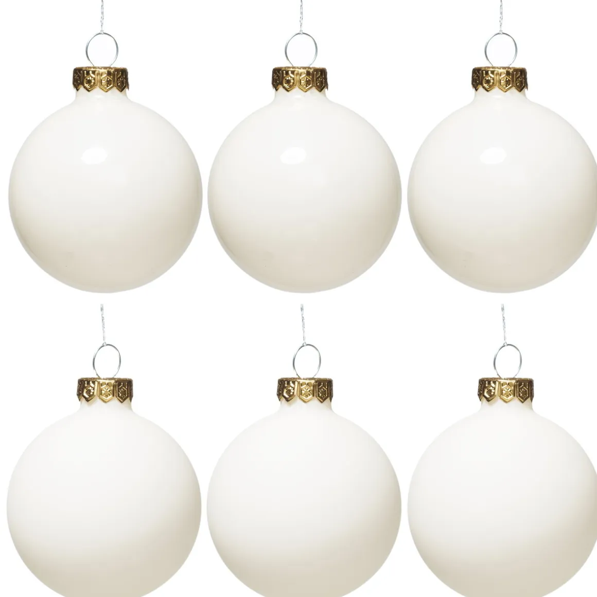 Juletræskugler, 6 stk. fine, hvide julekugler af glas Ø6 cm – 3 matte og 3 blanke