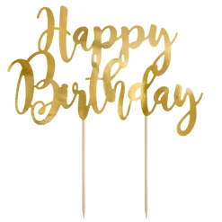 Kagedekoration, cake topper, Happy Birthday i guldbogstaver 20×13 cm