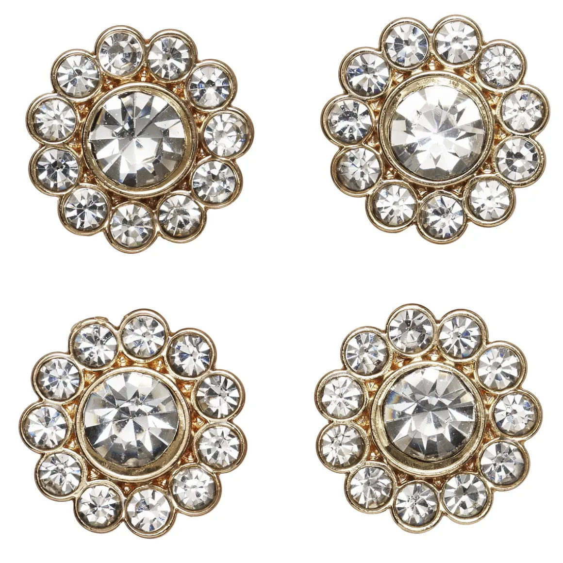 Knapper med glitrende simili omgivet af guldfarvet metal, 4 stk. Ø15 mm