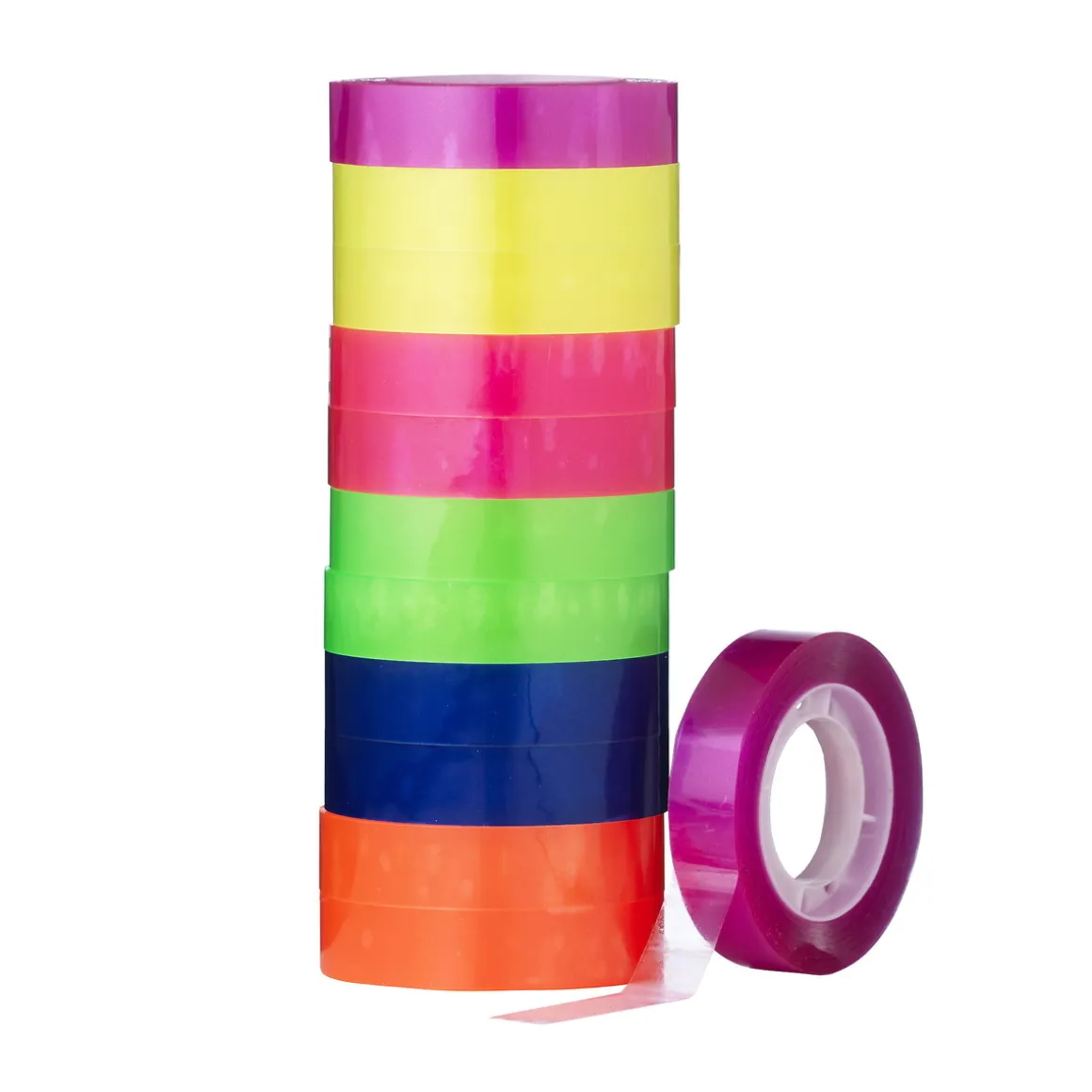 Kontortape i mix med glade farver, 12 ruller à 27,4 meter, bredde 1,2 cm