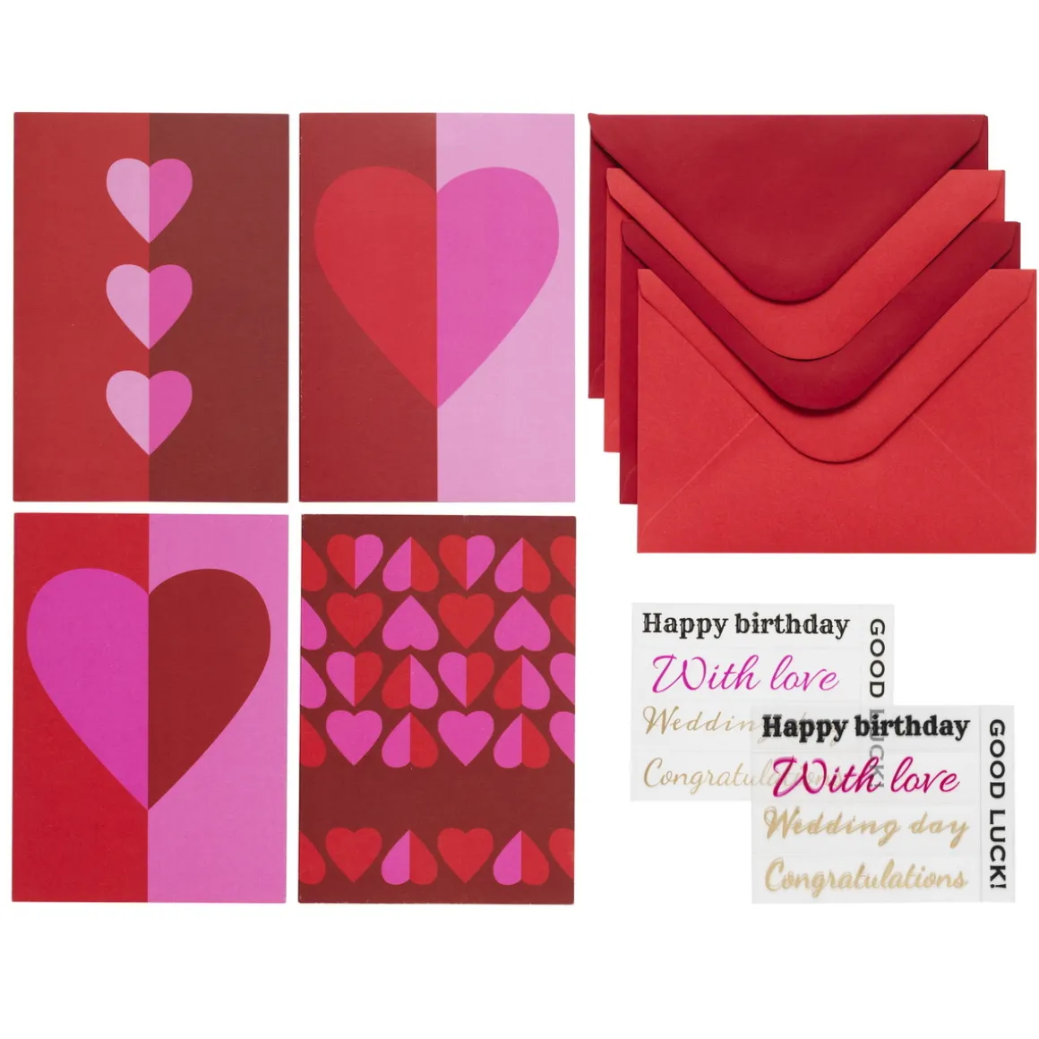 Kortkit Hjerte, Valentinsdag & Valentine’s – 4 × A5-kort, kuverter og stickers-ark
