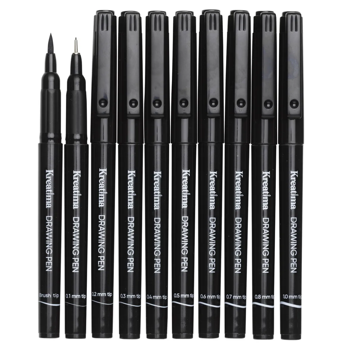 Kreatima Fineliners – 10-pak tuschpenne i 10 størrelser: 0,1–0,8, 1,0 mm + penselspids