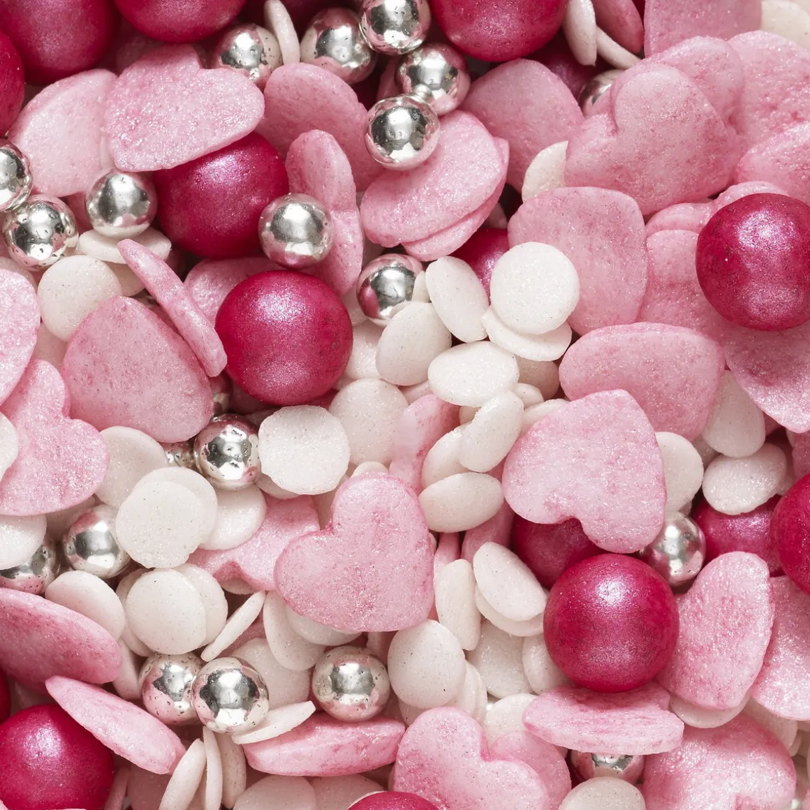 Krymmelmix 40 g Rosa – sølvkugler, røde kugler og rosa hjerter