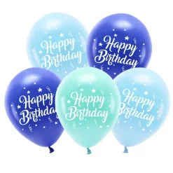 Latexballoner 5-pak Ø26 cm – blåt tema med teksten Happy Birthday