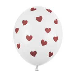 Latexballoner 6-pak Ø30 cm – hvide med røde hjerter, perfekte til valentinsdag!