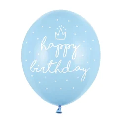 Latexballoner 6-pak Ø30 cm – lyseblå med teksten Happy Birthday