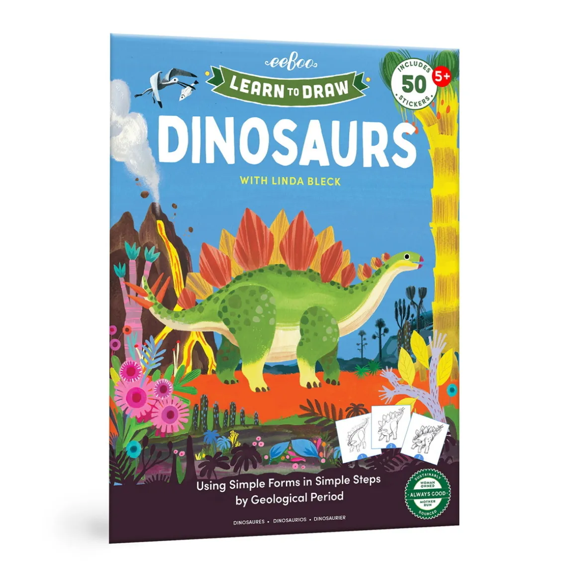 Lær at tegne dinosaurer – lærerig malebog med 50 stickers