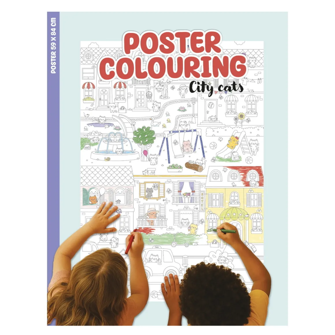 Malebog Mega-poster Kattene i byen! A4-bog, der bliver en 59×84 cm stor plakat