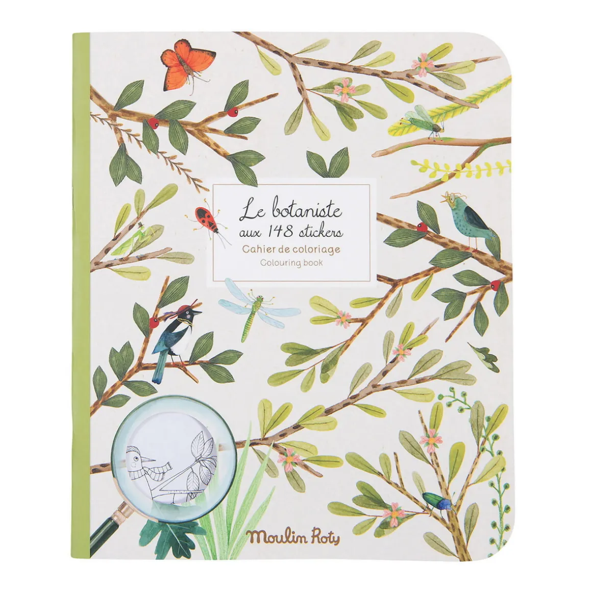 Malebog Moulin Roty, 20 sider med botaniske motiver + 148 stickers, 24×28 cm
