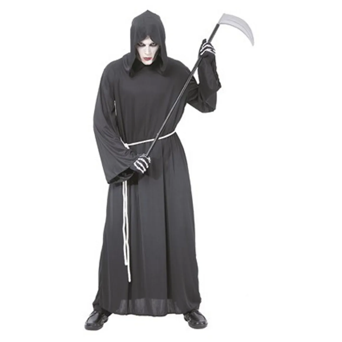 Manden med leen-dragt i voksenstørrelse til udklædning til halloween og karneval