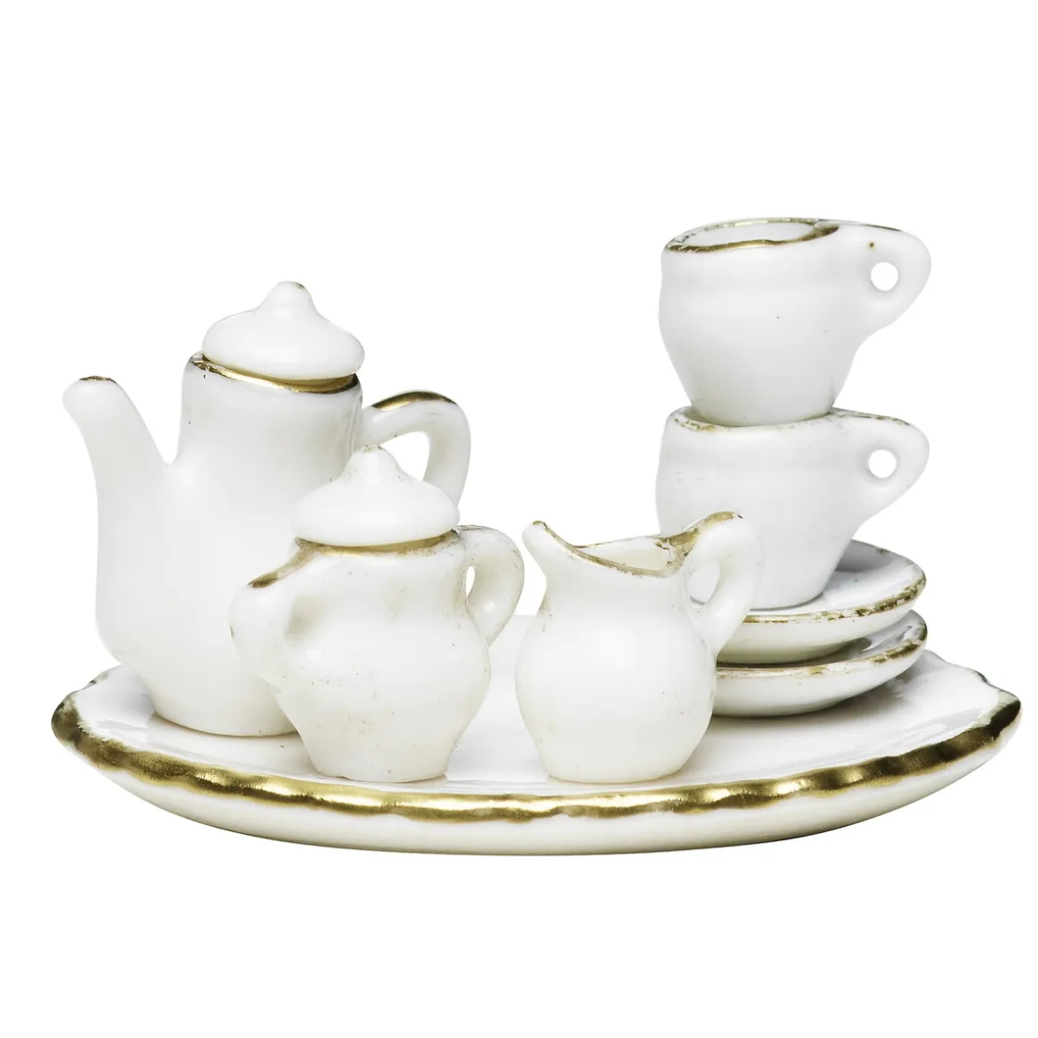 Miniaturekit med et lille teservice af porcelæn, fadet er 6 cm langt