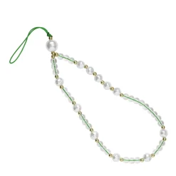 Mobilkæde, mobilrem 17 cm – guldfarvede, transparente og perlemorsagtige perler