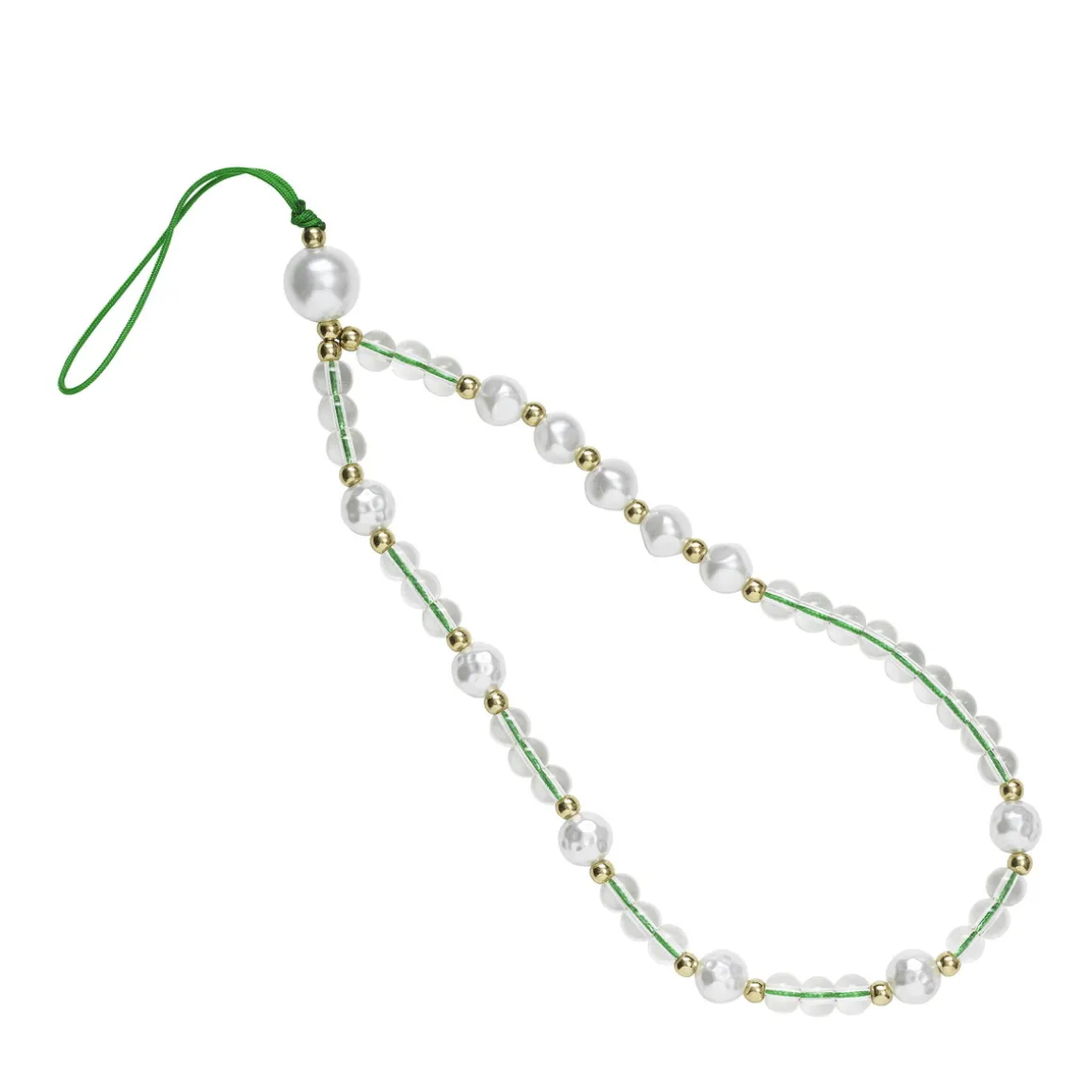Mobilkæde, mobilrem 17 cm – guldfarvede, transparente og perlemorsagtige perler