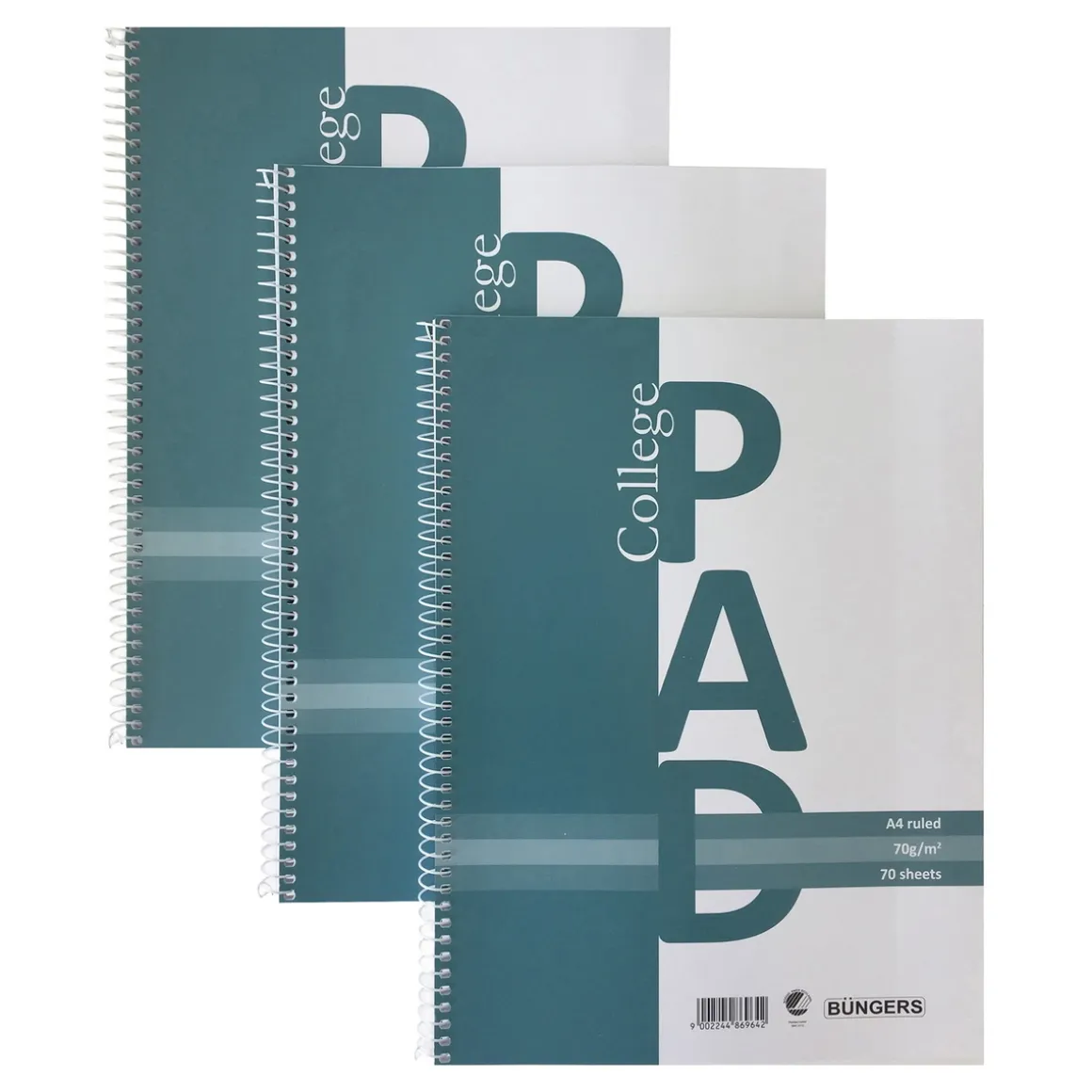 3-pak spiralbundne, linjerede kollegieblokke A4 – 229×297 mm, 70 ark, 70 g/m²