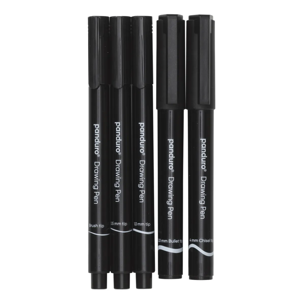 Panduro tuschpenne 0,5 mm, 1 mm, penselspids, 4 mm skrå spids og 1 mm rund spids, sort, 5-pak